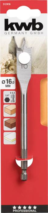 Spiralbohrer von kwb für Holzarbeiten, Durchmesser 16 mm. Verpackung zeigt Anwendungsbeispiele für Holzarten.