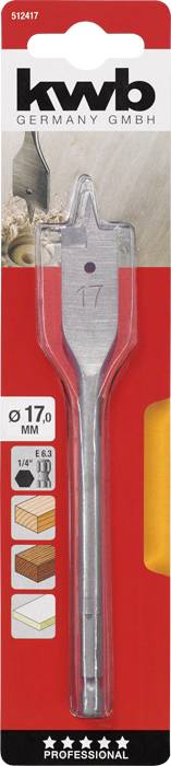 Bohrer-Aufsatz von kwb Germany für Holz. Größe: 17 mm. Verpackung zeigt Anwendungsbeispiele für Holzarbeiten und das Produkt selbst.