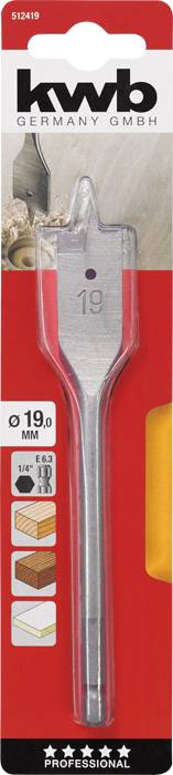 Bohrer von 'kwb GERMANY GMBH', 19 mm Durchmesser, für Holzbohrungen geeignet. Verpackung zeigt Einsatzmöglichkeiten und Bohrerdetail.