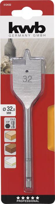 Ein Holzbohrer von 'kwb Germany GmbH', Größe 32mm, geeignet für Holzarbeiten, abgebildet auf einer rot-weißen Verpackung.