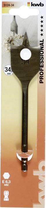 Bohrer mit einer Breite von 34 mm auf einer Verpackung mit der Aufschrift 'Professional'. Geeignet für Holzarbeiten.