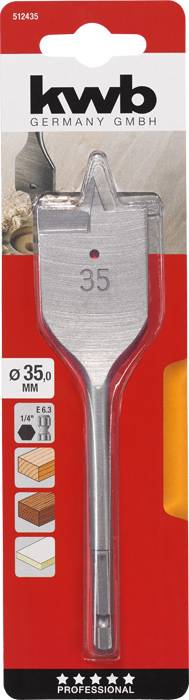 Bohrer von kwb Germany GmbH, Flachfräsbohrer für Holz. Größe: 35 mm. Verpackung zeigt Produktdetails und Anwendungshinweise.