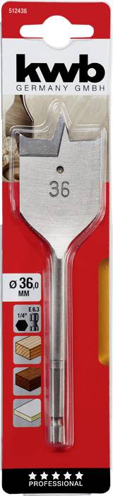 Flachfräsbohrer von 'kwb GERMANY GMBH', Größe 36 mm, für Holz. Verpackung mit roten Akzenten und Produktabbildung.