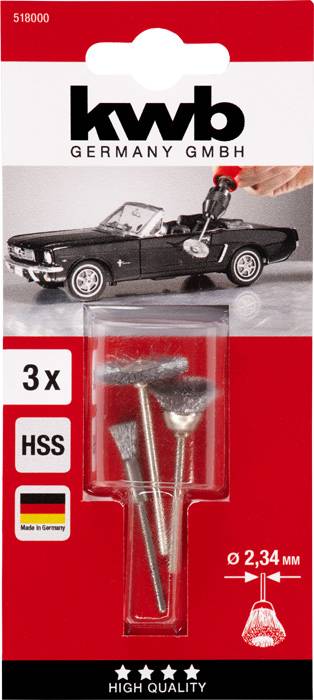 Drei HSS-Bürstenaufsätze, 2,34 mm Durchmesser, in Verpackung von kwb Germany GmbH, mit Abbildung eines schwarzen Cabrios im Hintergrund.