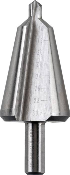 Ein konischer Stufenbohrer aus Metall, mit Markierungen von 4 bis 30,6 mm, zum Bohren unterschiedlicher Lochgrößen in einem einzigen Werkzeug.