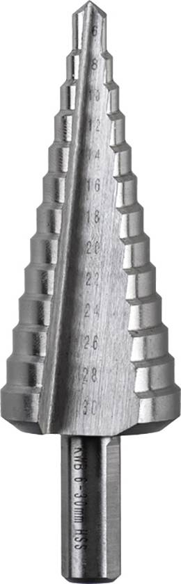Metall-Stufenbohrer, konische Form, mit eingravierten Größenangaben, zum Bohren unterschiedlicher Durchmesser in Metalloberflächen.