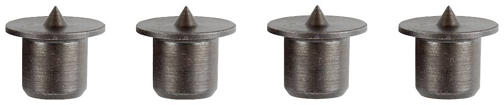 Vier identische Metallstifte mit flacher Oberseite und spitzem Ende, in einer geraden Linie angeordnet.