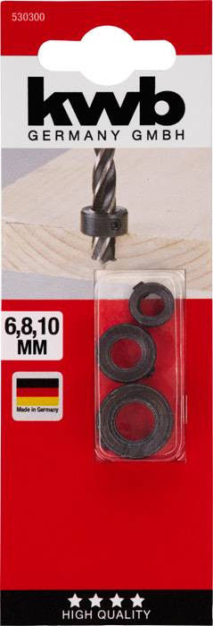 Verpackung von KWB Bohrzubehör, zeigt Bohrer und drei Bohrstop-Ringe in Größen 6, 8, und 10 mm. 'Made in Germany'.