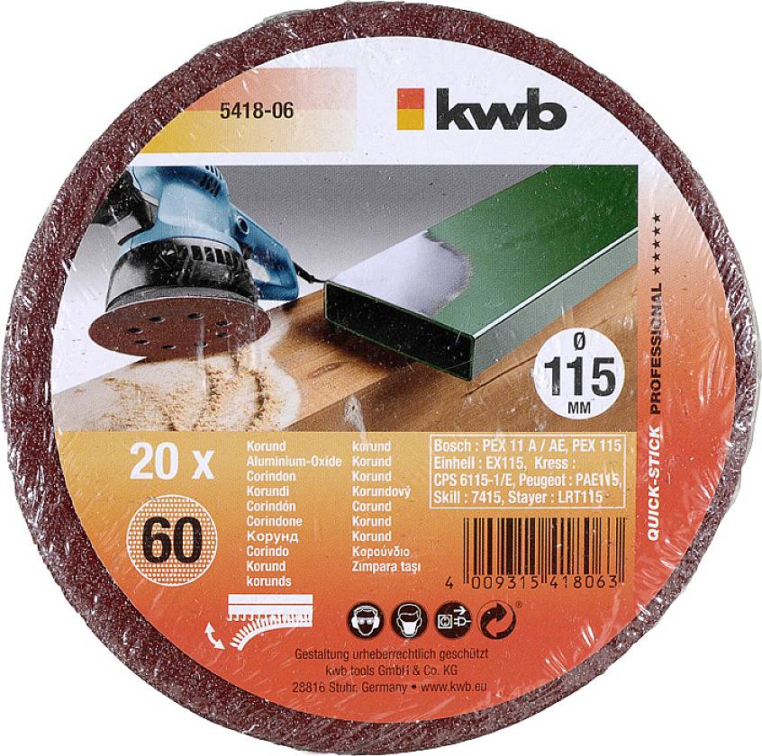'Kwb Schleifscheibe' für PEX 115, 115 mm, 20 Stück, Körnung 60. Geeignet für Holz und Metall. Bild einer Schleifmaschine auf Holz.