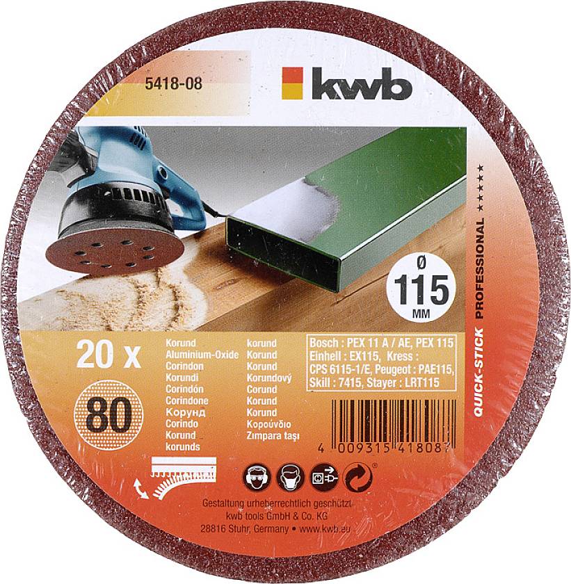 Schleifscheibe für Exzenterschleifer, Durchmesser 115 mm, Korn 80, 20 Stück, für Holz- und Metallbearbeitung geeignet.