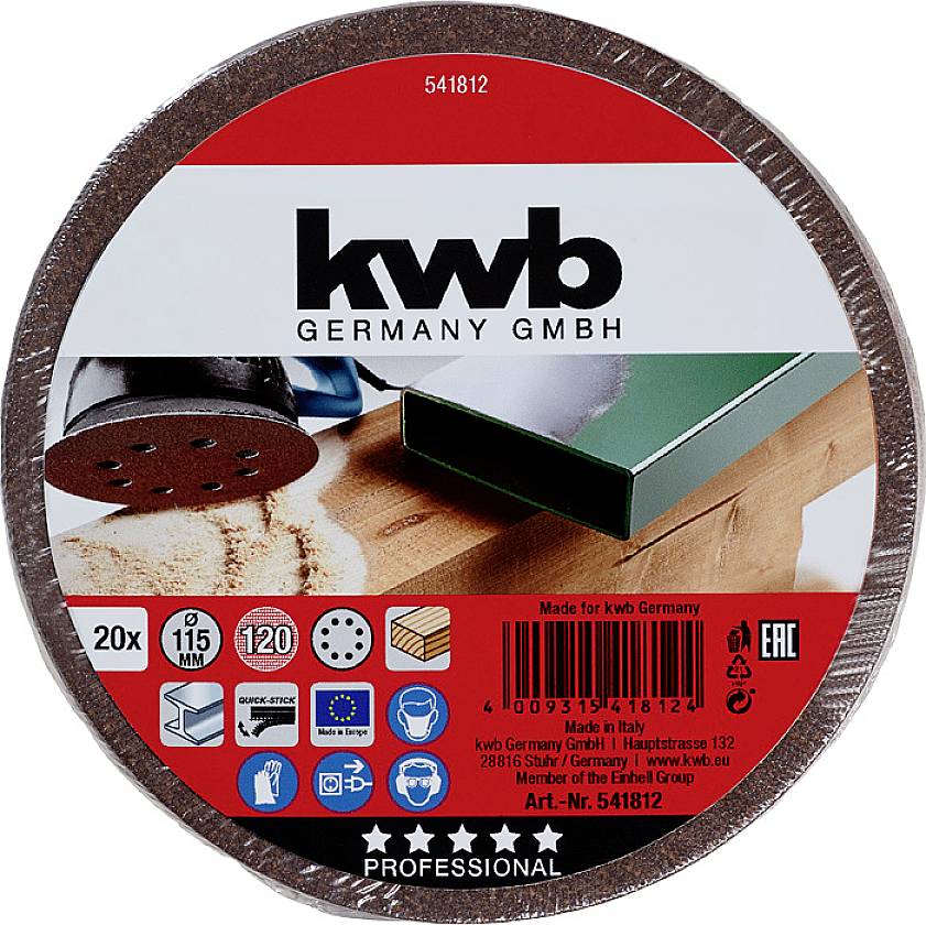 'Kwb Germany GmbH' Schleifscheiben-Set, 20 Stück, 115 mm, Körnung 120, geeignet für Holz- und Metallbearbeitung, verschiedene Symbole.