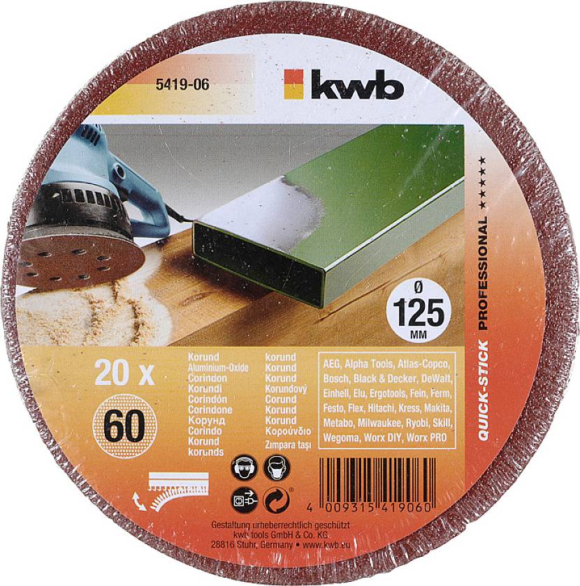 Rote Schleifscheibe mit 125 mm Durchmesser, geeignet für Metallbearbeitung. Enthält Angaben zur Körnung (60) und Materialverträglichkeiten.