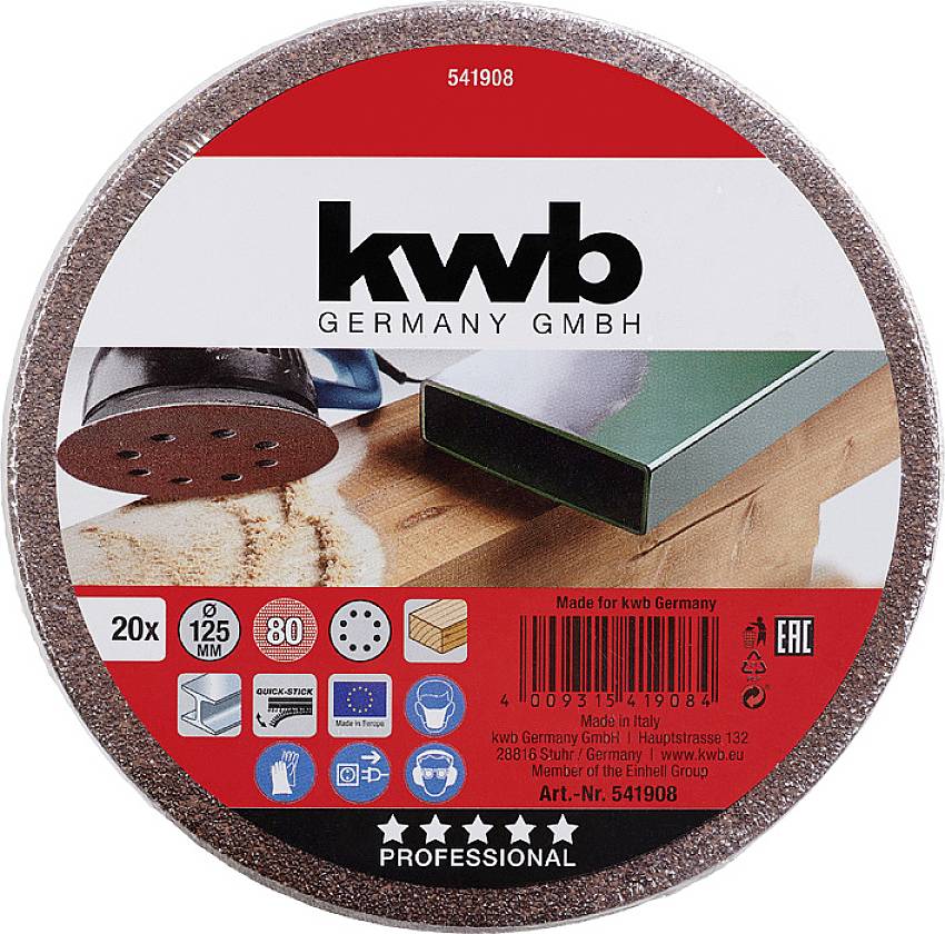 Runde Schleifscheibenverpackung von 'kwb Germany GmbH', 20 Stück, Durchmesser 125 mm, Körnung 80, für Holz- und Metallbearbeitung.