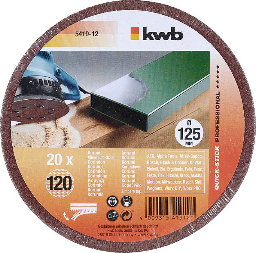 'KWB Schleifscheiben, 125 mm, 20 Stück, Körnung 120.' Ein Bild einer Schleifscheibenpackung mit einer blauen Maschine im Hintergrund.