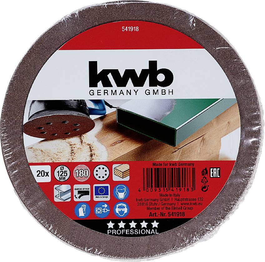 'kwb Germany GMBH' Schleifscheiben-Verpackung mit Produktfoto. Enthält 20 Stück, 125 mm Durchmesser, Korn 180. Europäische Qualitätszeichen.