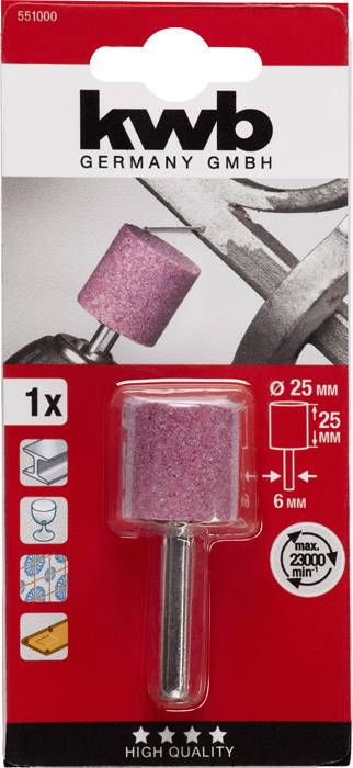 Schleifkörper von KWB, 25 mm Durchmesser, in pink. Verwendet für Schleifarbeiten, mit Metallhalterung. Verpackung zeigt Anwendungsbeispiele.