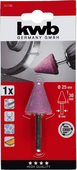 Kegel-Schleifstift mit 25 mm Durchmesser und 30 mm Höhe, maximal 26.000 U/min. Für Metall, Holz und Kunststoff.