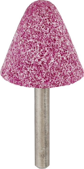 Schleifkegel mit metallischem Schaft und rosa, rauer Schleiffläche, verwendet zum Bearbeiten von Materialien wie Metall oder Holz.