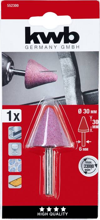 Schleifkegel von KWB auf einer Verpackung abgebildet. Enthält Maße: Durchmesser 30mm, Höhe 30mm, Schaft 6mm. Geeignet für Metall.