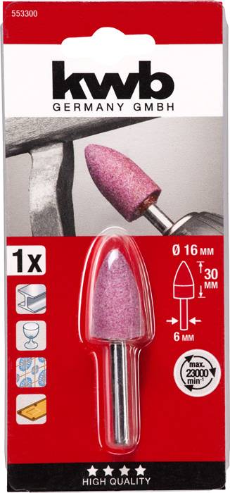 Schleifstift von kwb Germany GmbH für Metallbearbeitung, Durchmesser 16 mm, Körnung für feine Arbeiten. Verpackungsdesign mit Bild des Einsatzes auf Metall.