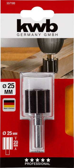 'KWB Germany GmbH' Lochsäge mit 25 mm Durchmesser, geeignet für Bohrarbeiten. Verpackung in Rot und Schwarz mit Produktabbildung.