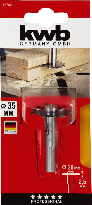 Ein Forstnerbohrer mit 35 mm Durchmesser auf einer Verpackung von KWB Germany GmbH, geeignet für professionelle Holzbearbeitung.