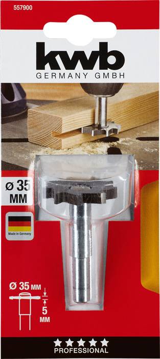Forstnerbohrer von KWB, 35 mm Durchmesser, professionelle Qualität. Verpackung zeigt Anwendung auf Holz.