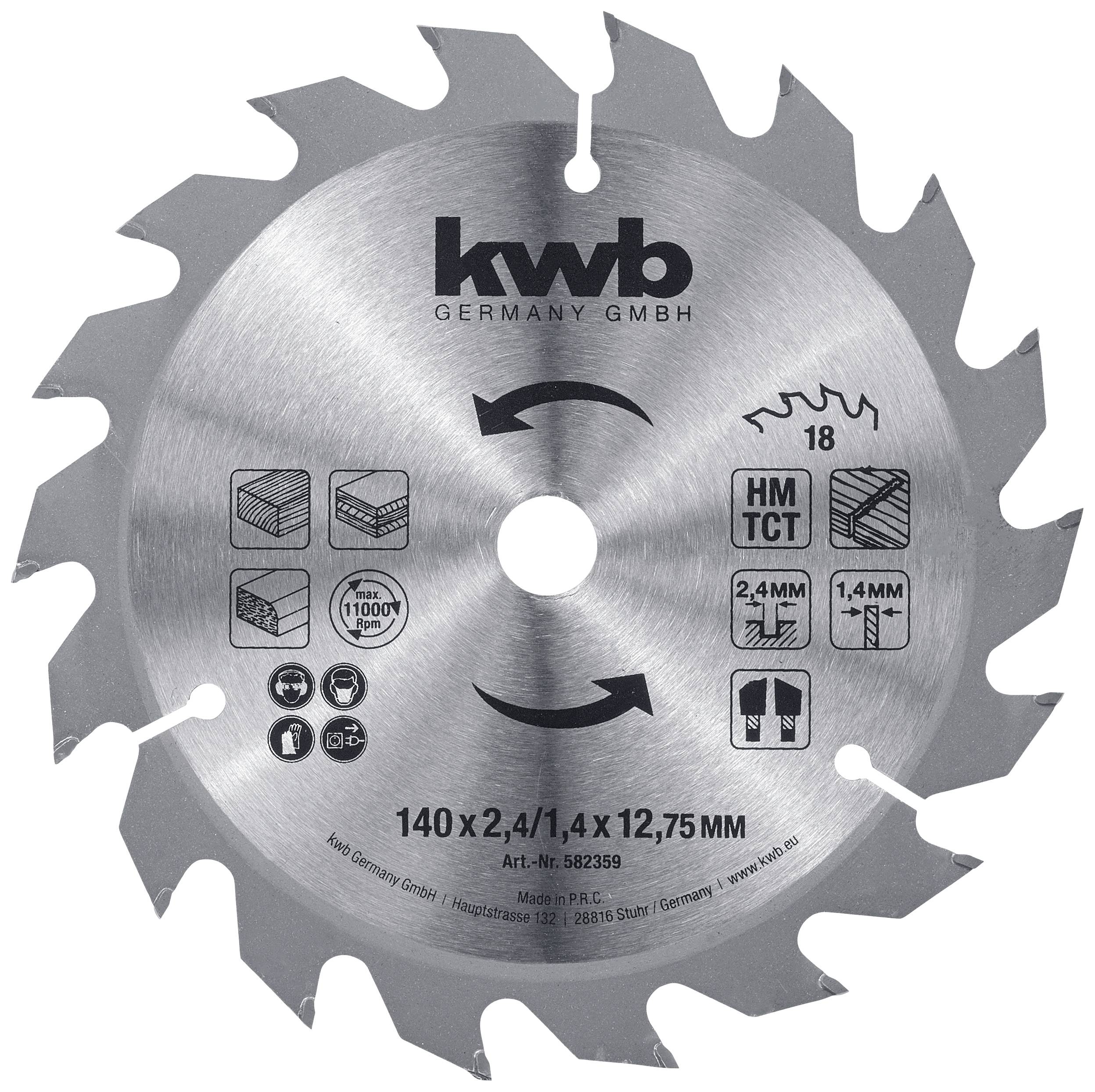 Silberne Kreissägeblatt von KWB, Durchmesser 140 mm, Dicke 2,4 mm. Geeignet für Holzarbeiten, zeigt Richtungspfeile.