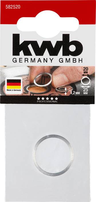 'KWB Germany GmbH' Verpackung für Unterlegscheiben. Enthält technische Details: 20 Stück, Größe 1,2 mm Dicke, 25 mm Durchmesser.
