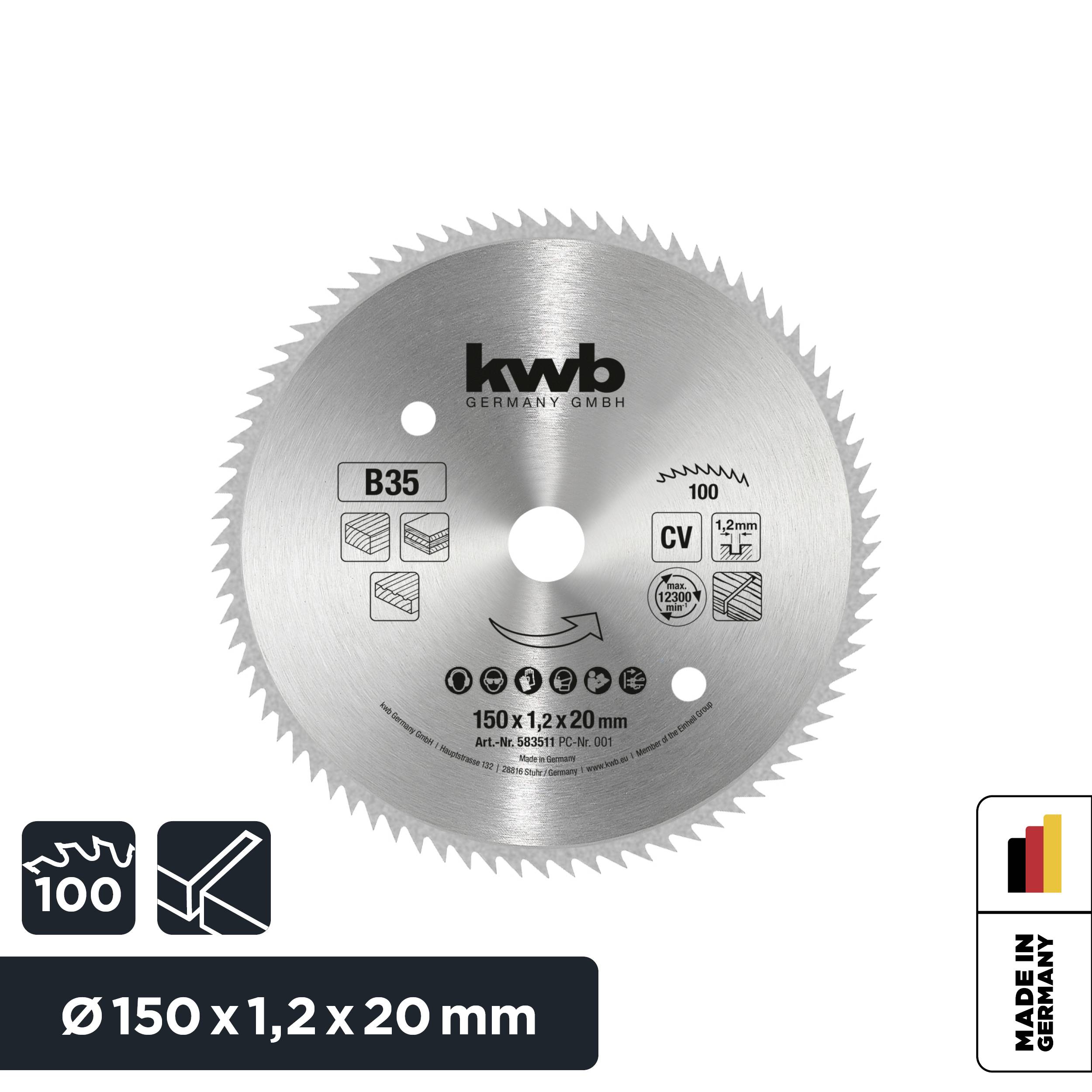 Kreissägeblatt Ø150 x 1,2 x 20 mm, für Holz, Kunststoff. 100 Zähne, CV-Material. Marke 'kwb Germany'. Hergestellt in Deutschland.