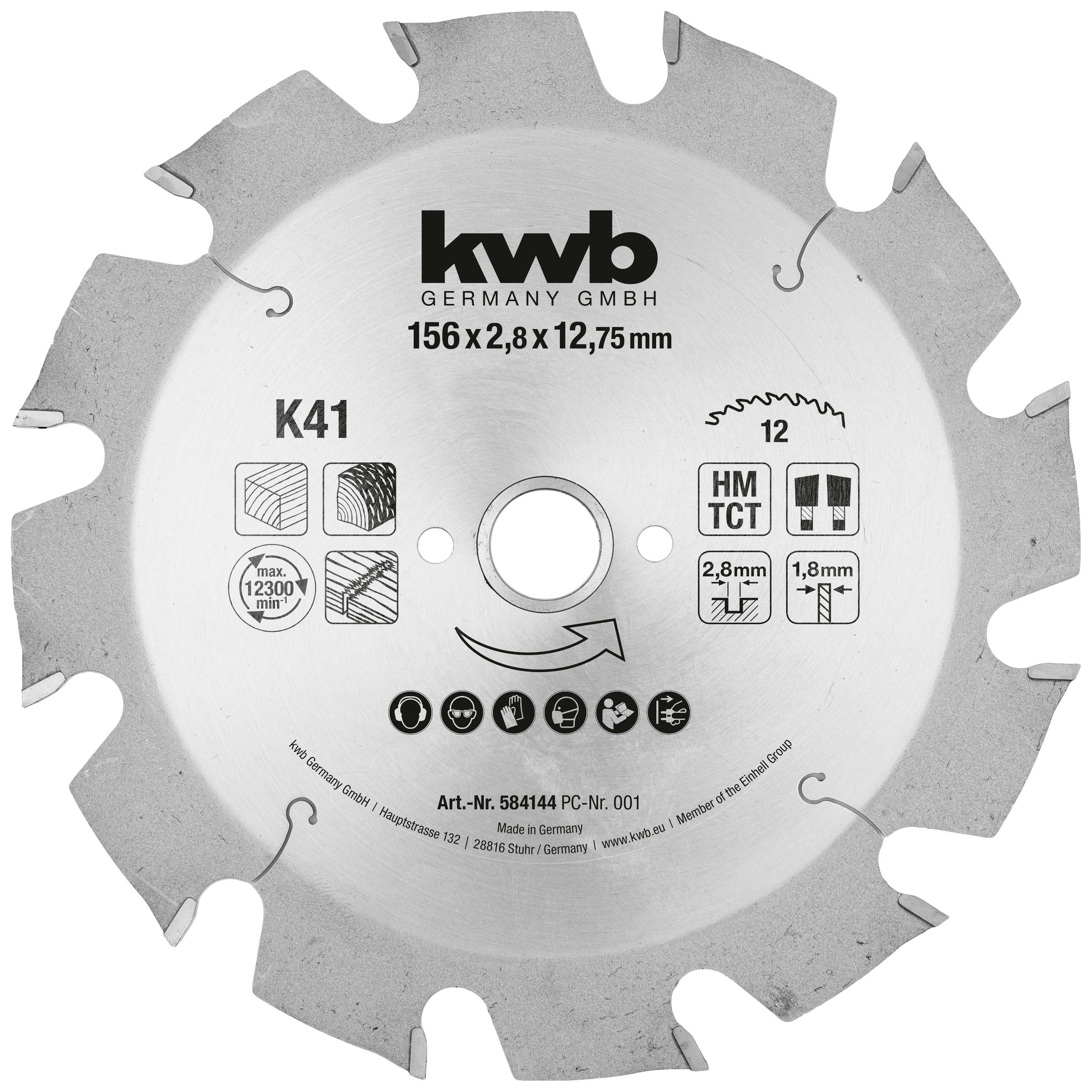 Sägeblatt der Marke kwb für Holzverarbeitung, geeignet für Hartmetall. Durchmesser von 156 mm mit 12 Zähnen.
