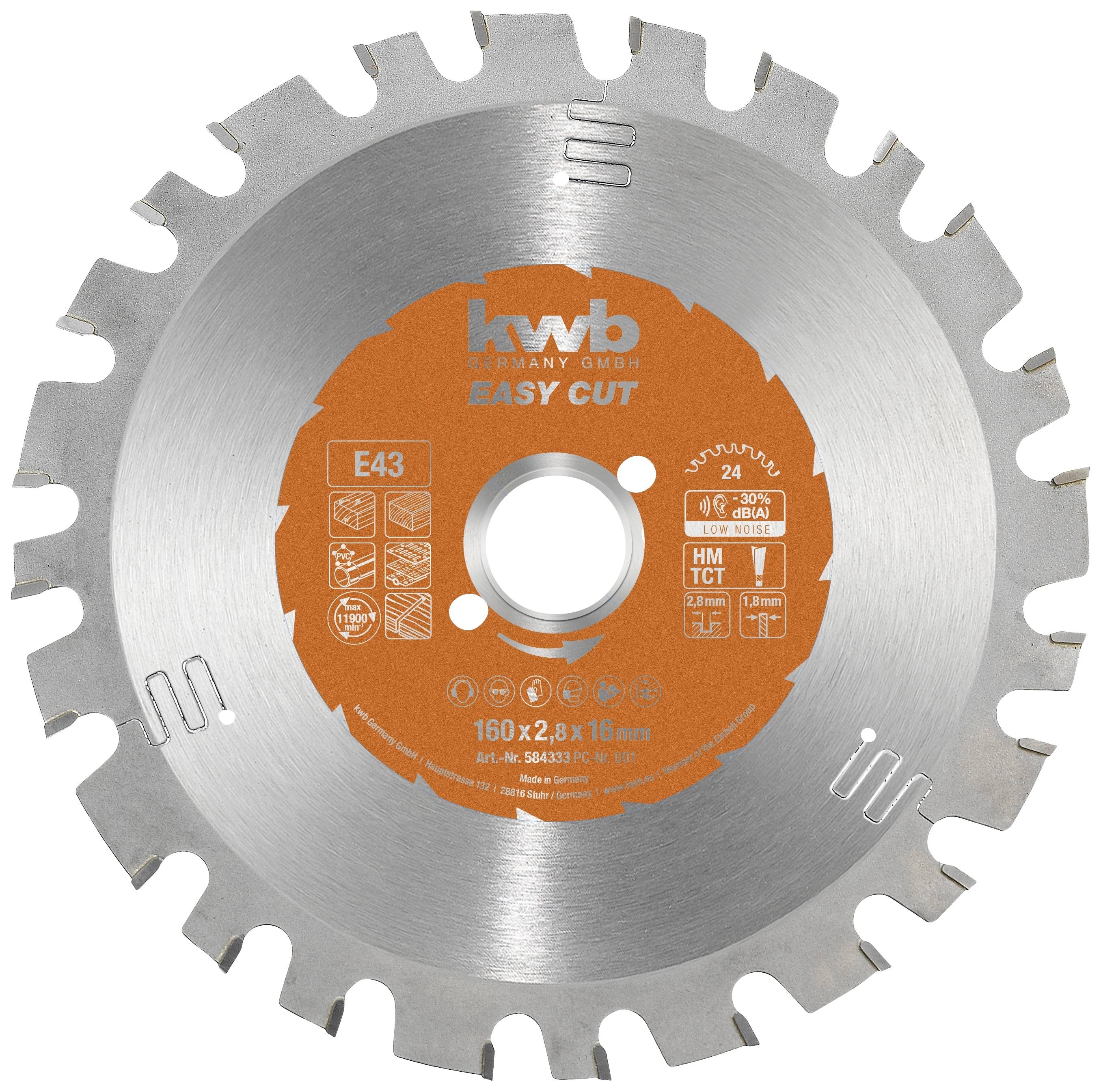 Silberfarbiges Kreissägeblatt mit orangefarbenem Etikett. Aufschrift: 'EASY CUT', '160 x 2,8 x 16 mm', Symbole für Materialeignung und Schnittindikatoren.