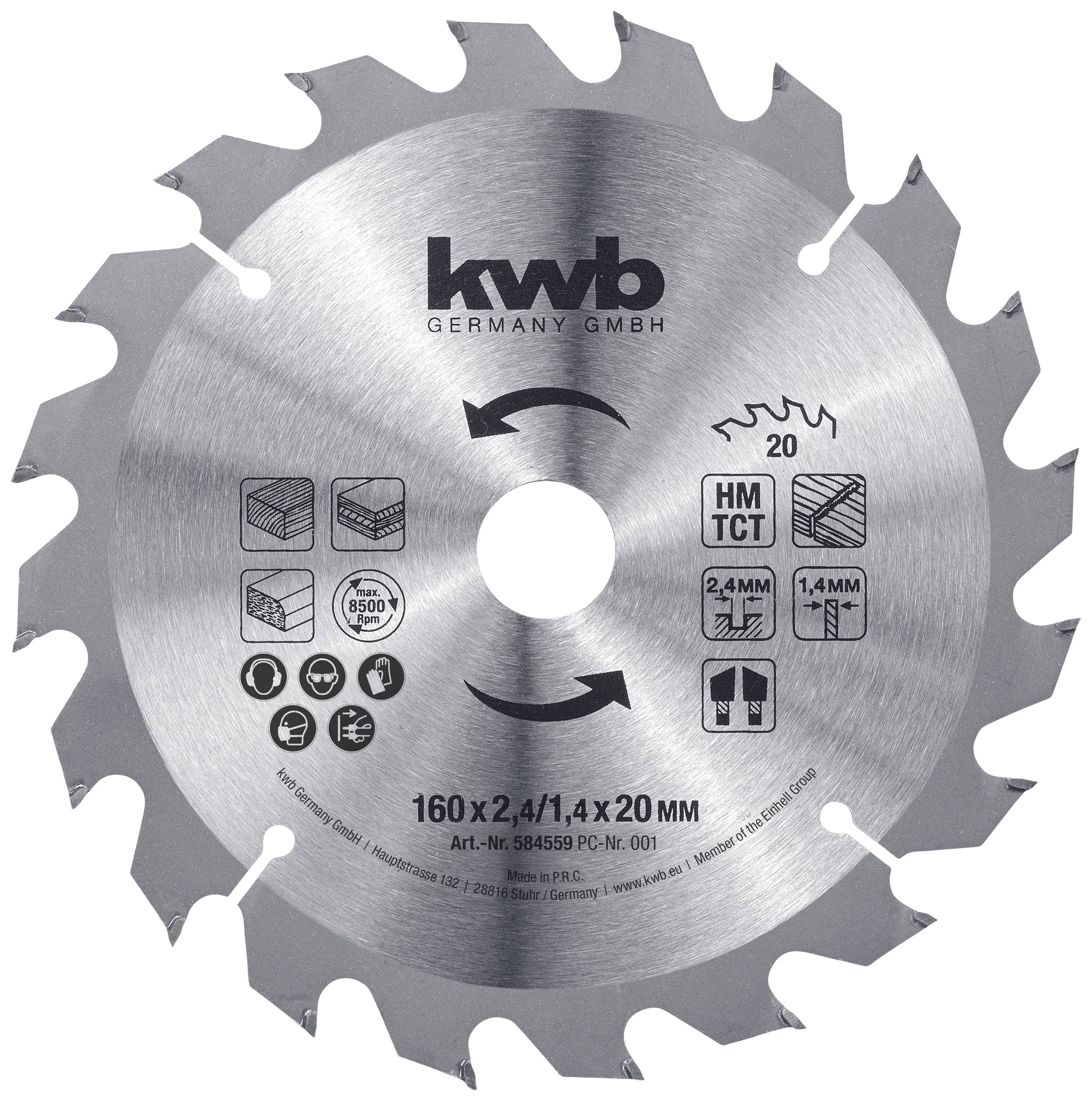 Kreissägeblatt aus Metall mit verschiedenen Symbolen und Spezifikationen: 160x2,4/1,4x20 mm, 20 Zähne, geeignet für Holz.