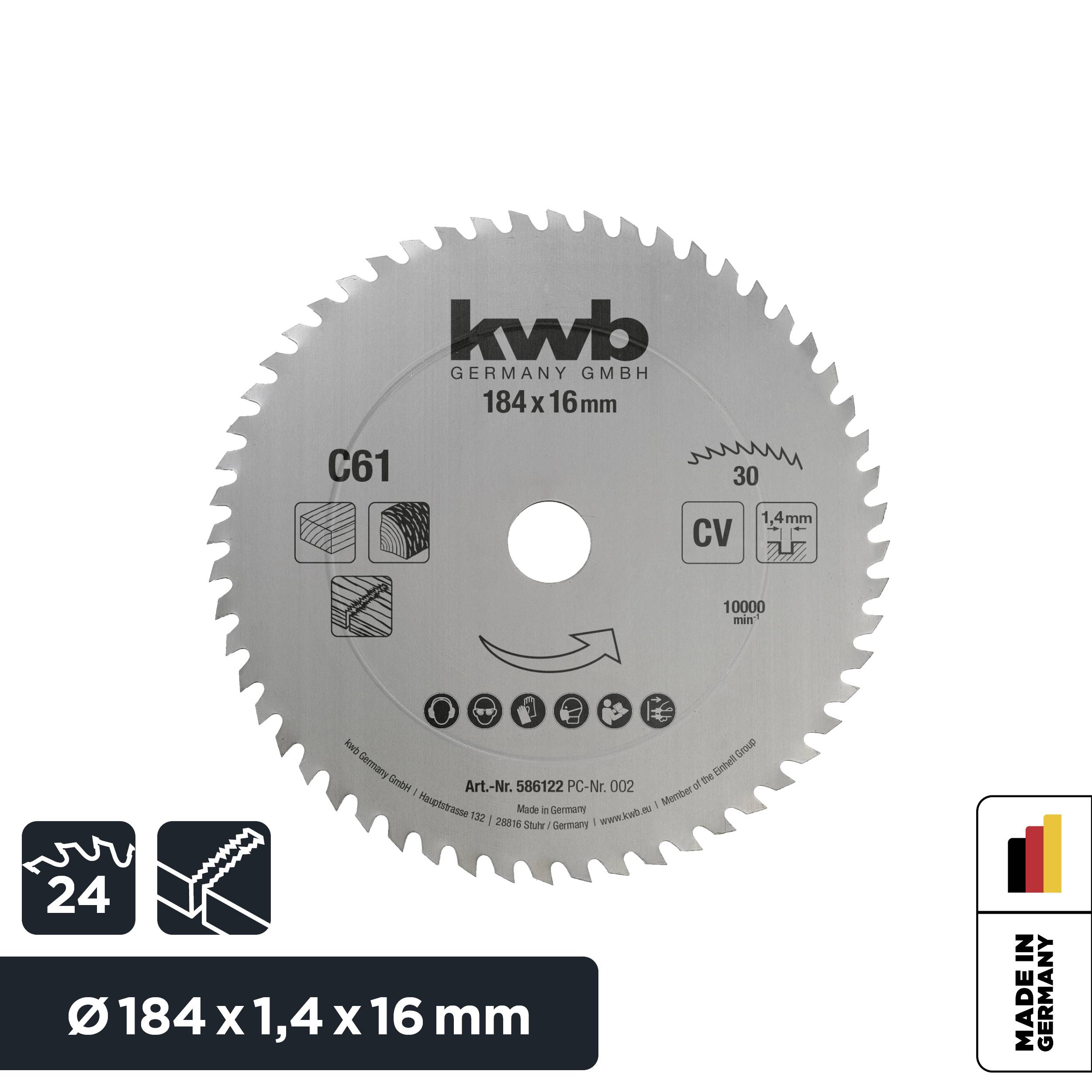 Kreissägeblatt mit 24 Zähnen, 184 mm Durchmesser, 1,4 mm Breite, 16 mm Bohrung. Made in Germany, CV-Material, max. 10.000 U/min.