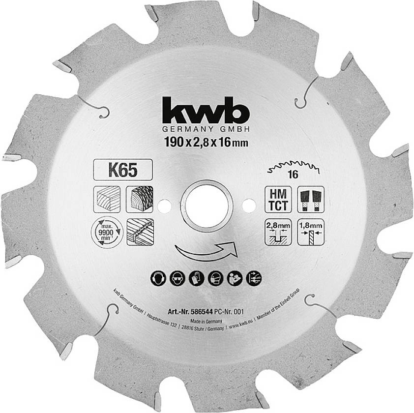 Kreissägeblatt mit Firmenlogo 'kwb GERMANY GMBH', Modell K65, Durchmesser 190 mm, Dicke 2,8 mm. Piktogramme zeigen Anwendungsbereiche.
