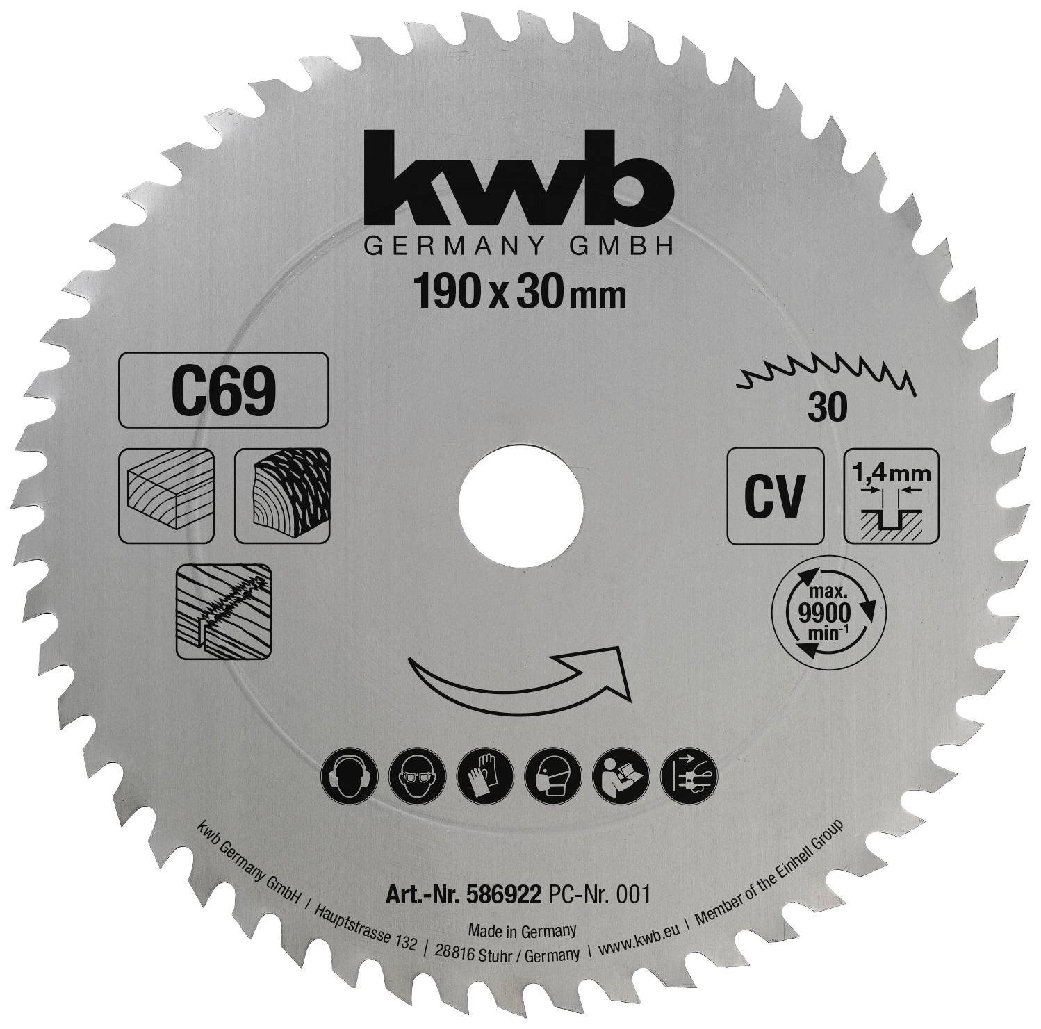 Kreissägeblatt mit Aufschrift 'kwb GERMANY GMBH', Größe 190 x 30 mm, C69, CV, max 9900 min⁻¹, Dicke 1,4 mm. Symbole für Anwendung.