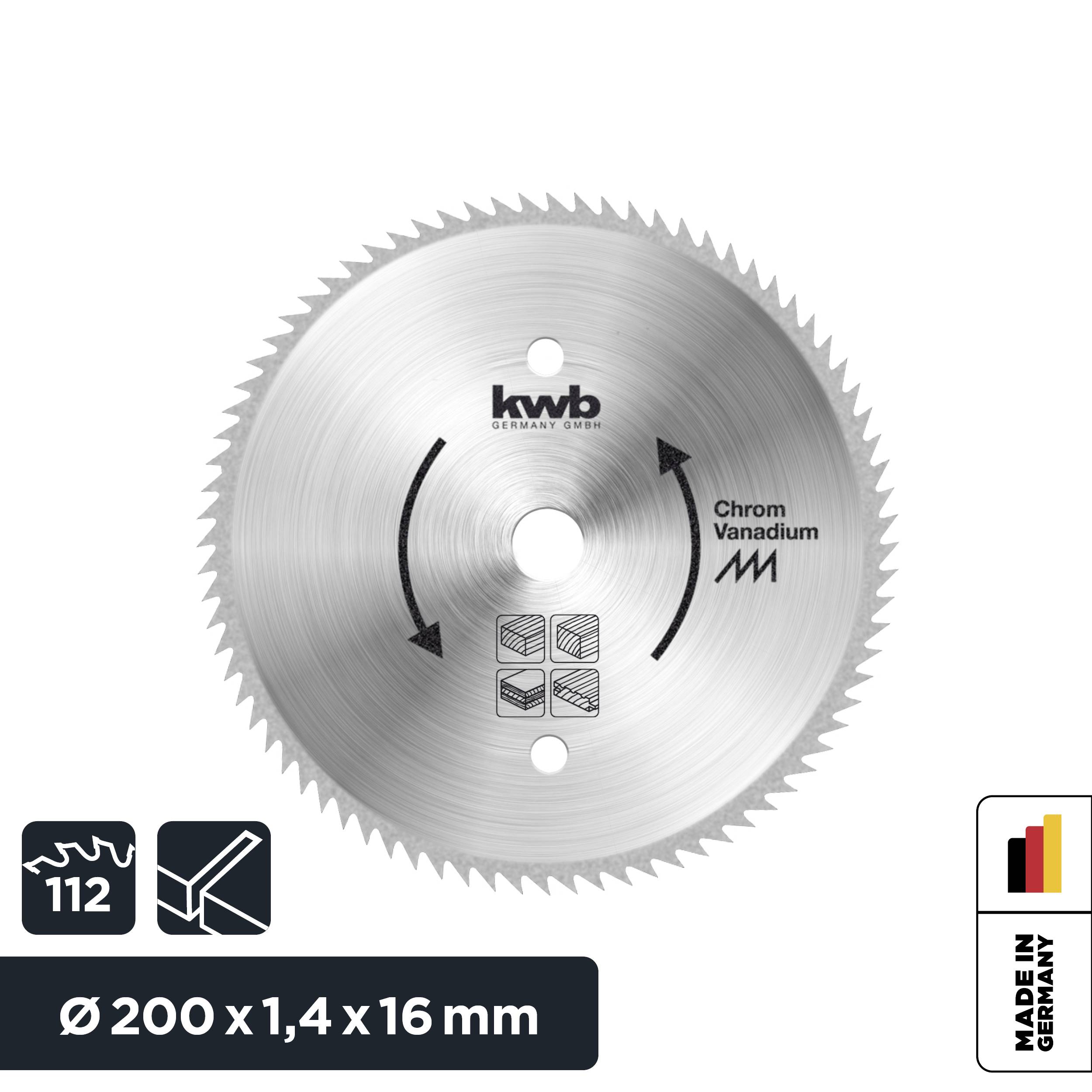 Kreissägeblatt aus Chrom-Vanadium-Stahl, Durchmesser 200 mm, Dicke 1,4 mm, Pfeile zeigen Drehrichtung, neben 'Made in Germany'-Label.