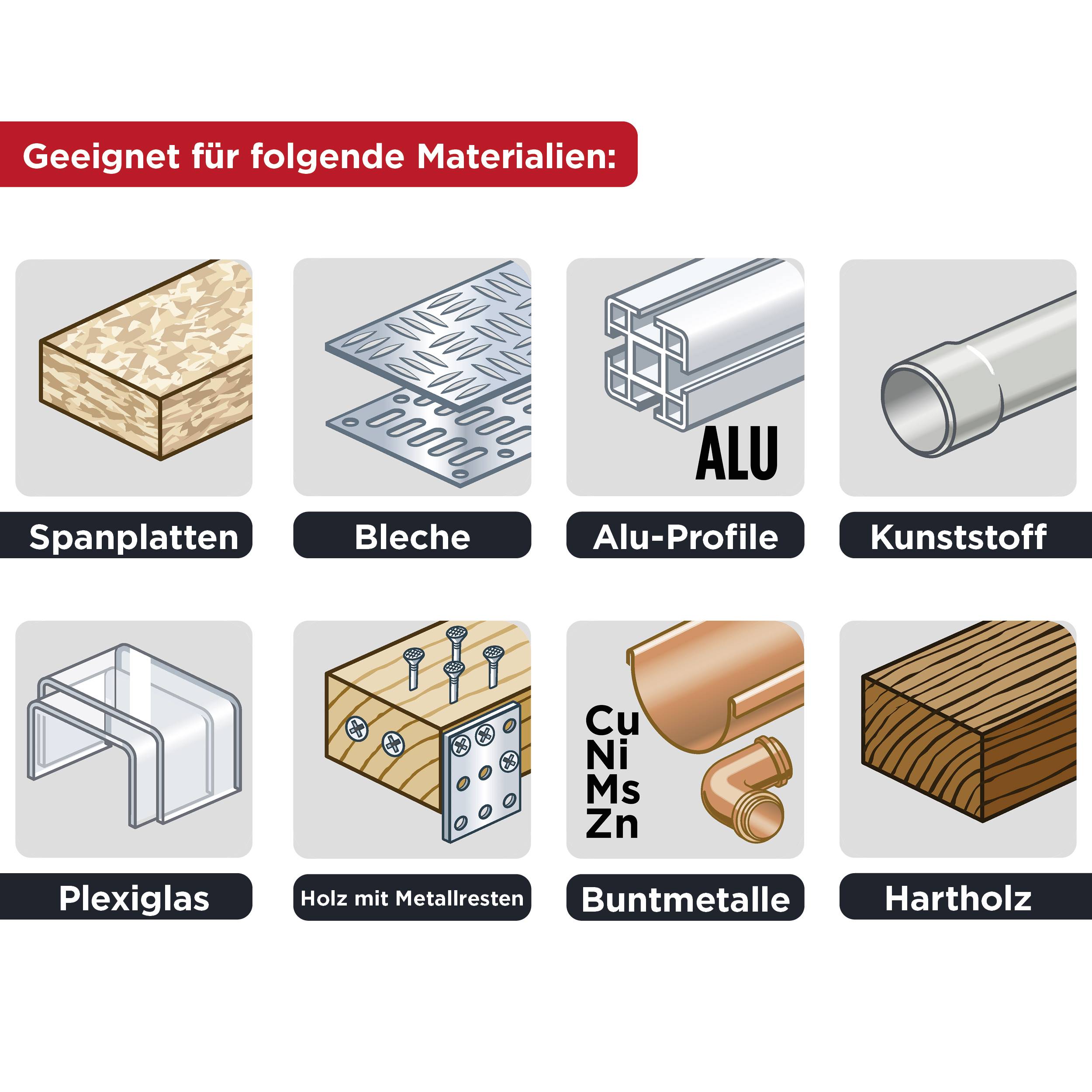 Geeignet für folgende Materialien: Spanplatten, Bleche, Alu-Profile, Kunststoff, Plexiglas, Holz mit Metallresten, Buntmetalle, Hartholz.