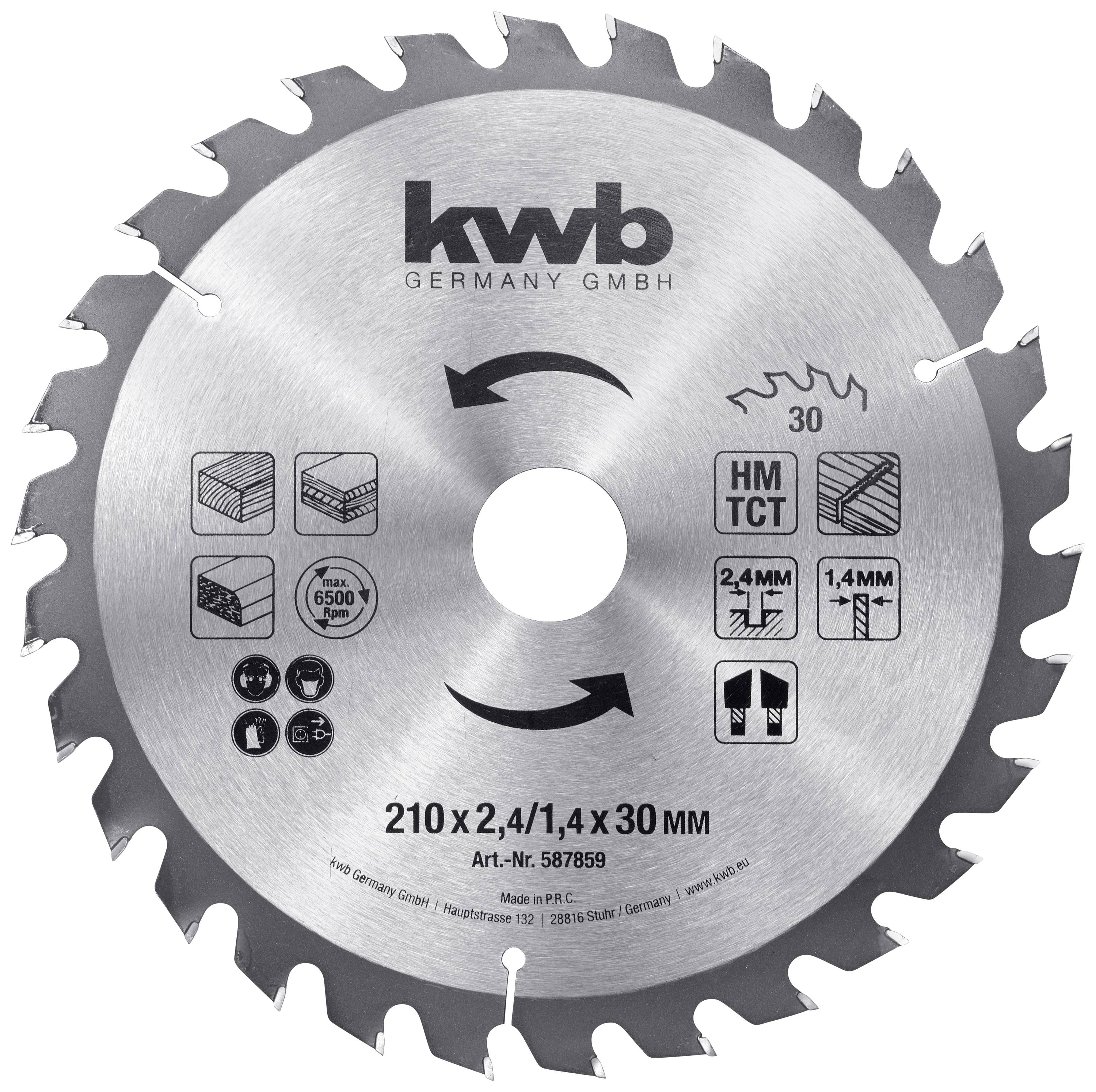 Sägeblatt mit lasergravierten Symbolen und Zahlen. Text oben: 'kwb GERMANY GMBH'. Zahl: '210 x 2,4/1,4 x 30 MM'. Symbole für Holzbearbeitung.