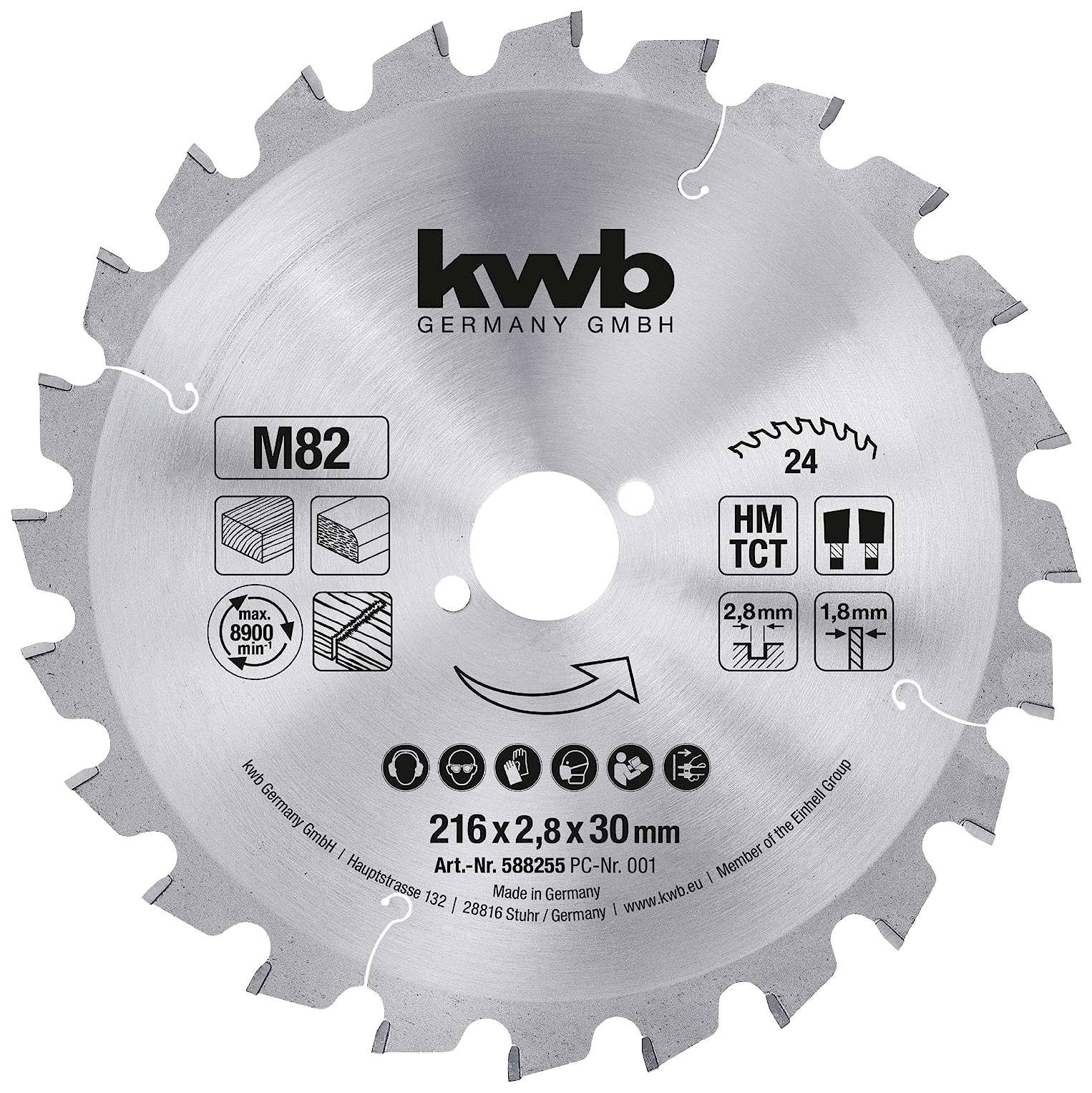 Sägeblatt mit 24 Zähnen für 30 mm Bohrung, geeignet für Holz- und Metallbearbeitung. Hersteller: KWB Germany GmbH.