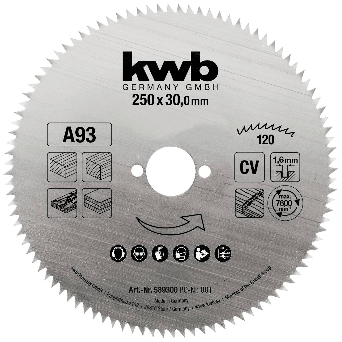 Rundes Sägeblatt der Marke KWB mit 250x30,0mm Größe. Geeignet für Holzarbeiten, max. 7600 U/min, mit Piktogrammen für Materialtypen.