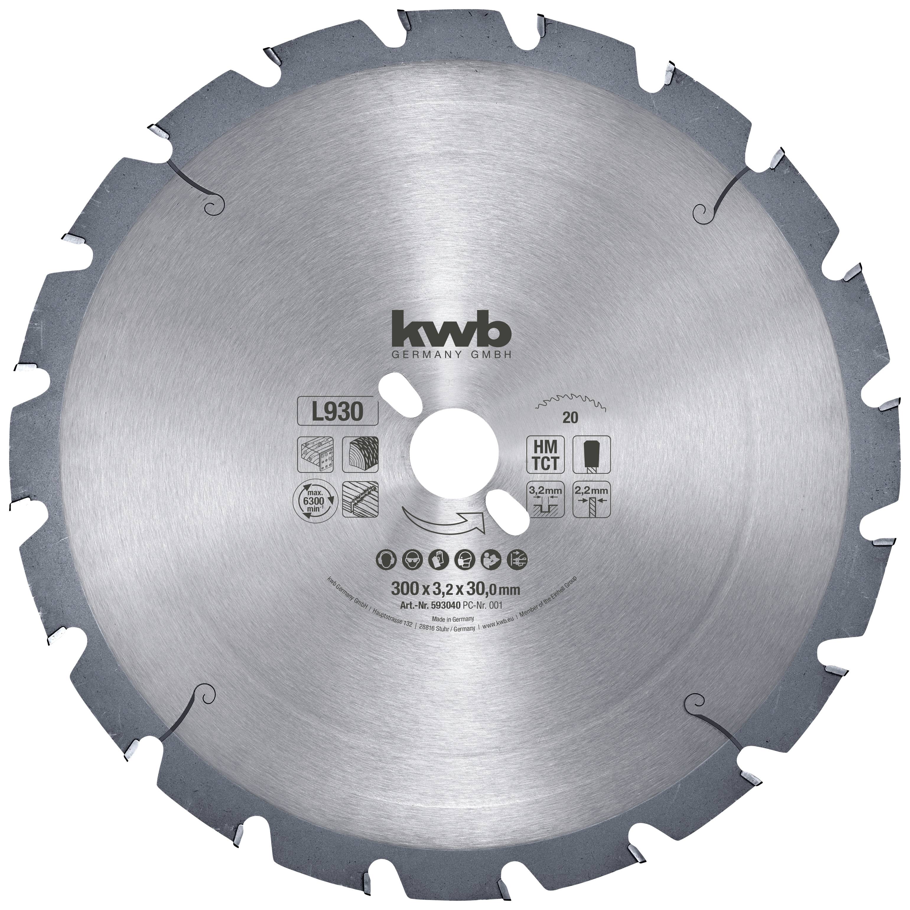 Kreissägeblatt aus Stahl der Marke KWB, Durchmesser 300 mm, mit 20 Hartmetallzähnen für Holzverarbeitung.