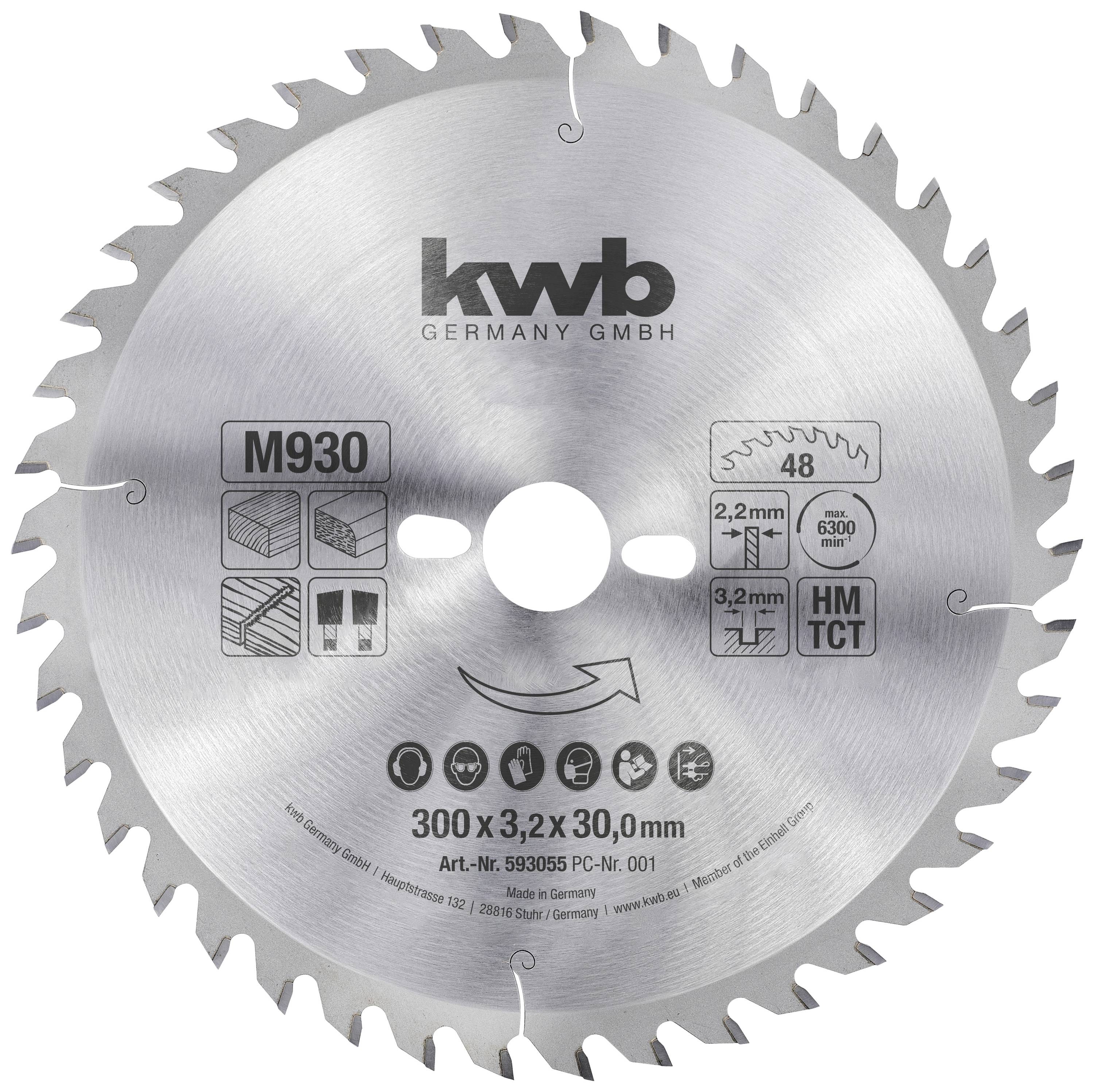 Runde, silberne Kreissägeblatt mit Aufschrift 'kwb GERMANY GMBH', 'M930', und '300 x 3,2 x 30 mm'. Geeignet für Holz, Plastik und Aluminium.