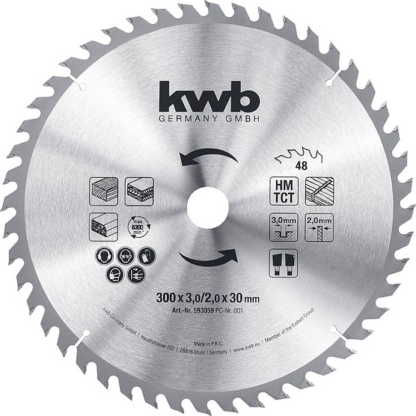 Kreissägeblatt mit 48 Zähnen, geeignet für Holzarbeiten. Aufschrift 'kwb GERMANY GMBH', Maße: 300 x 3,0/2,0 x 30 mm.
