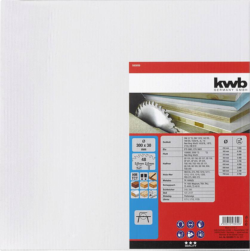 'Kwb' Sägeblatt, rund, 30 cm Durchmesser, 48 Zähne, Abbildung mit Holzbrettern. Produktbeschreibung und technische Details auf Etikett.