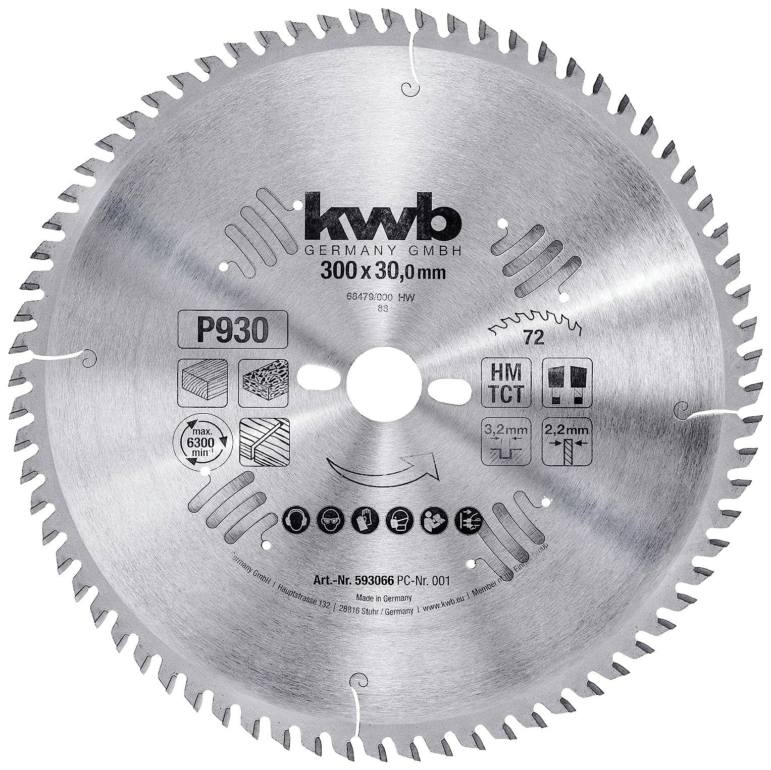 Kreissägeblatt von kwb, 300 x 30 mm, P930-Modell, geeignet für hartes Material, Seriennummer 593066.