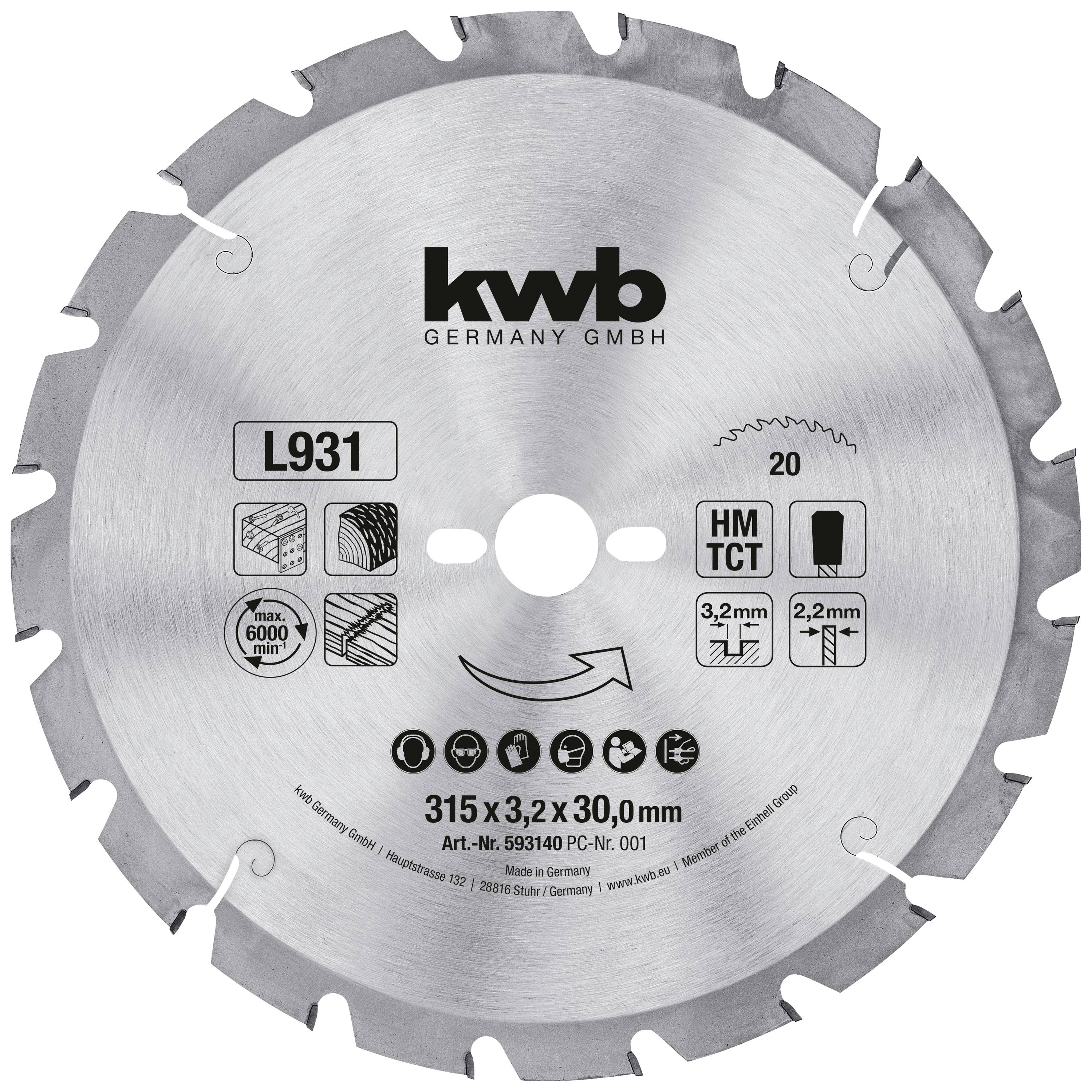 Kreissägeblatt von KWB, Durchmesser 315 mm, Dicke 3,2 mm, Bohrung 30 mm. Geeignet für Holz, Metalle. Max. 6000 U/min.