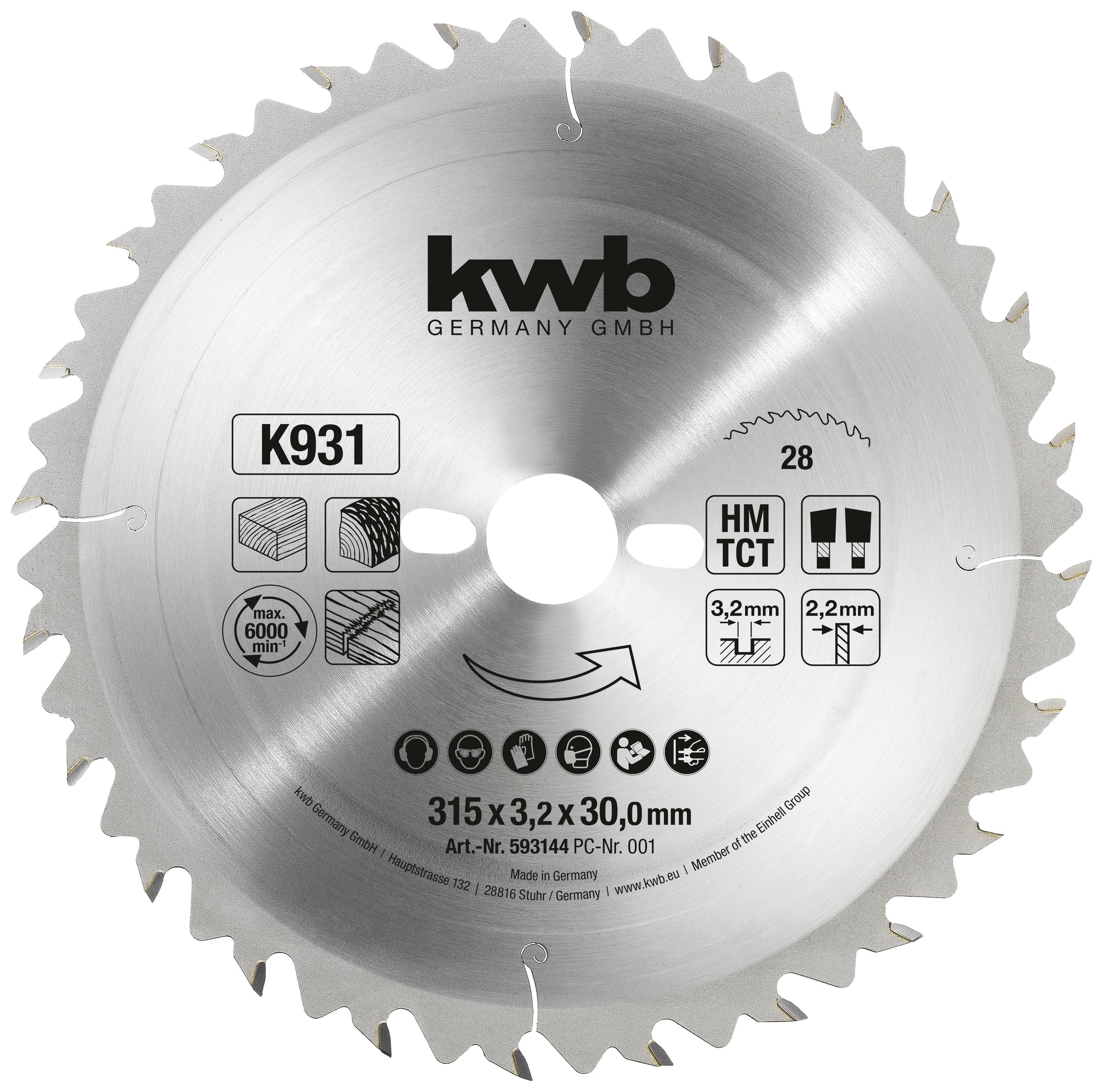 Kreissägeblatt 'kwb' mit 28 Zähnen, Durchmesser 315 mm. Geeignet für Holzarbeiten, kompatibel mit Maschinen bis 6000 U/min.