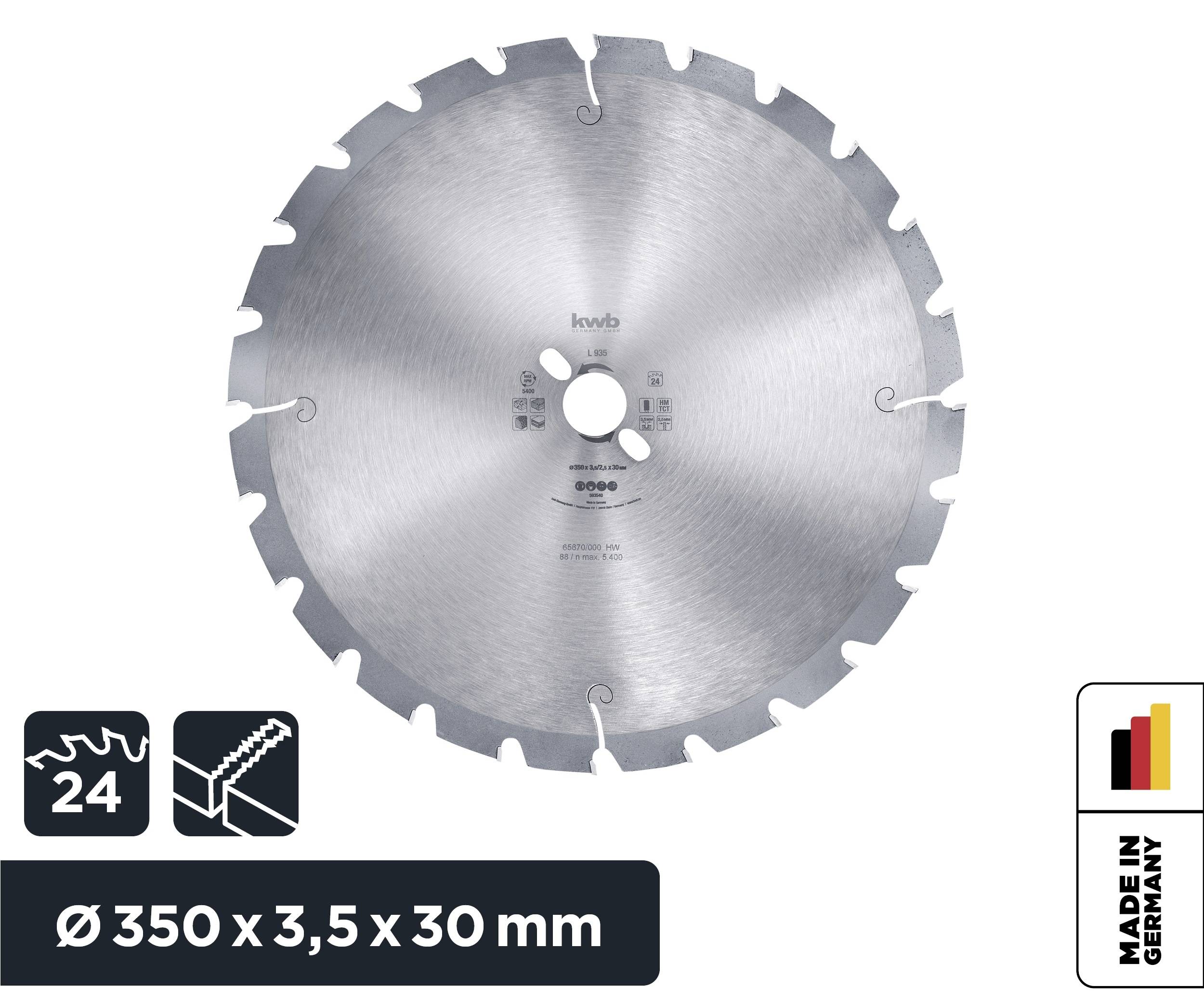 Metallsägeblatt mit 24 Zähnen, Durchmesser 350 mm, Stärke 3,5 mm, Bohrung 30 mm. Hergestellt in Deutschland. Geeignet für Metallbearbeitung.