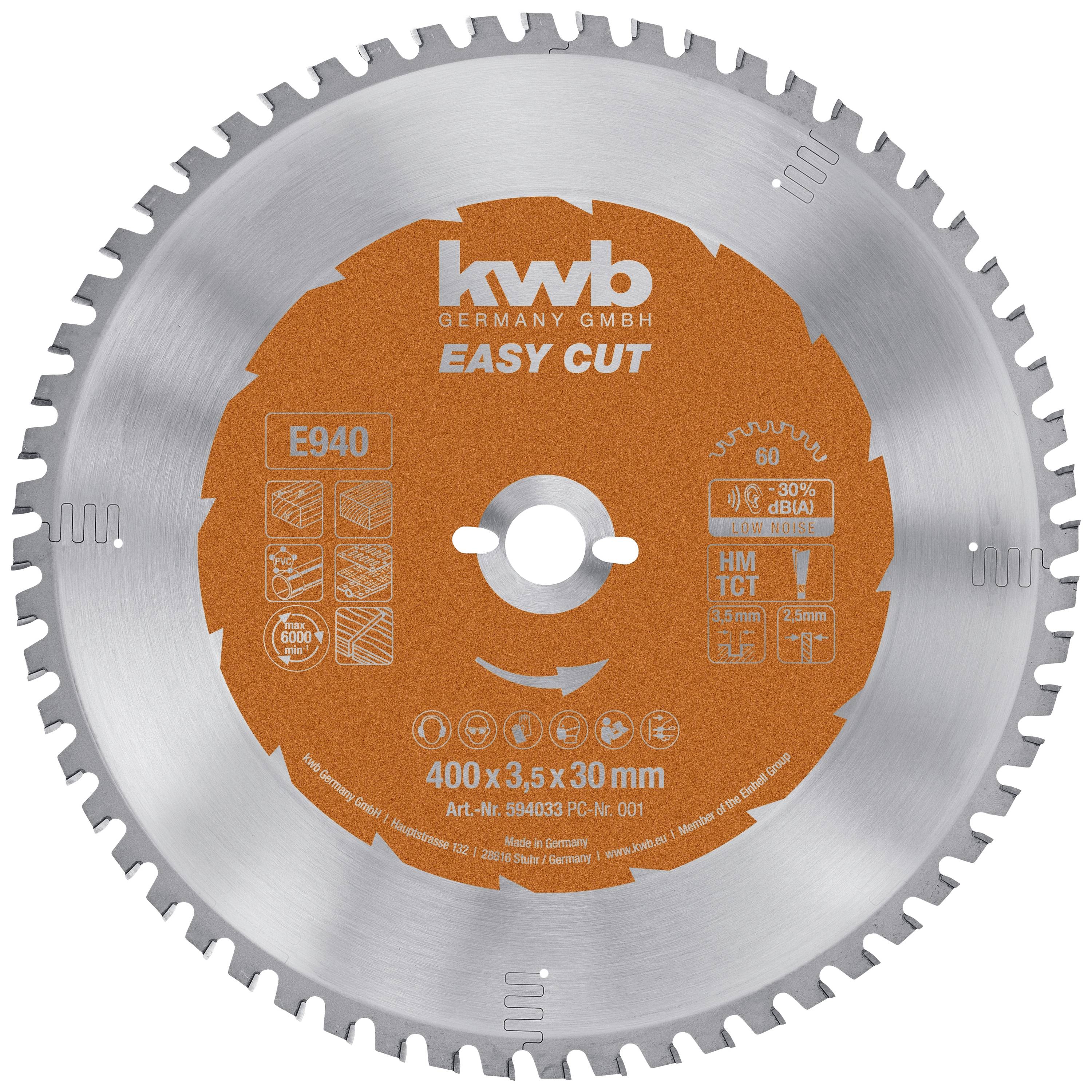 Kreissägeblatt mit Aufschrift 'kwb Easy Cut', Durchmesser 400 mm, 60 Zähne, für Holz- und Materialtrennungen, in Orange und Silber.